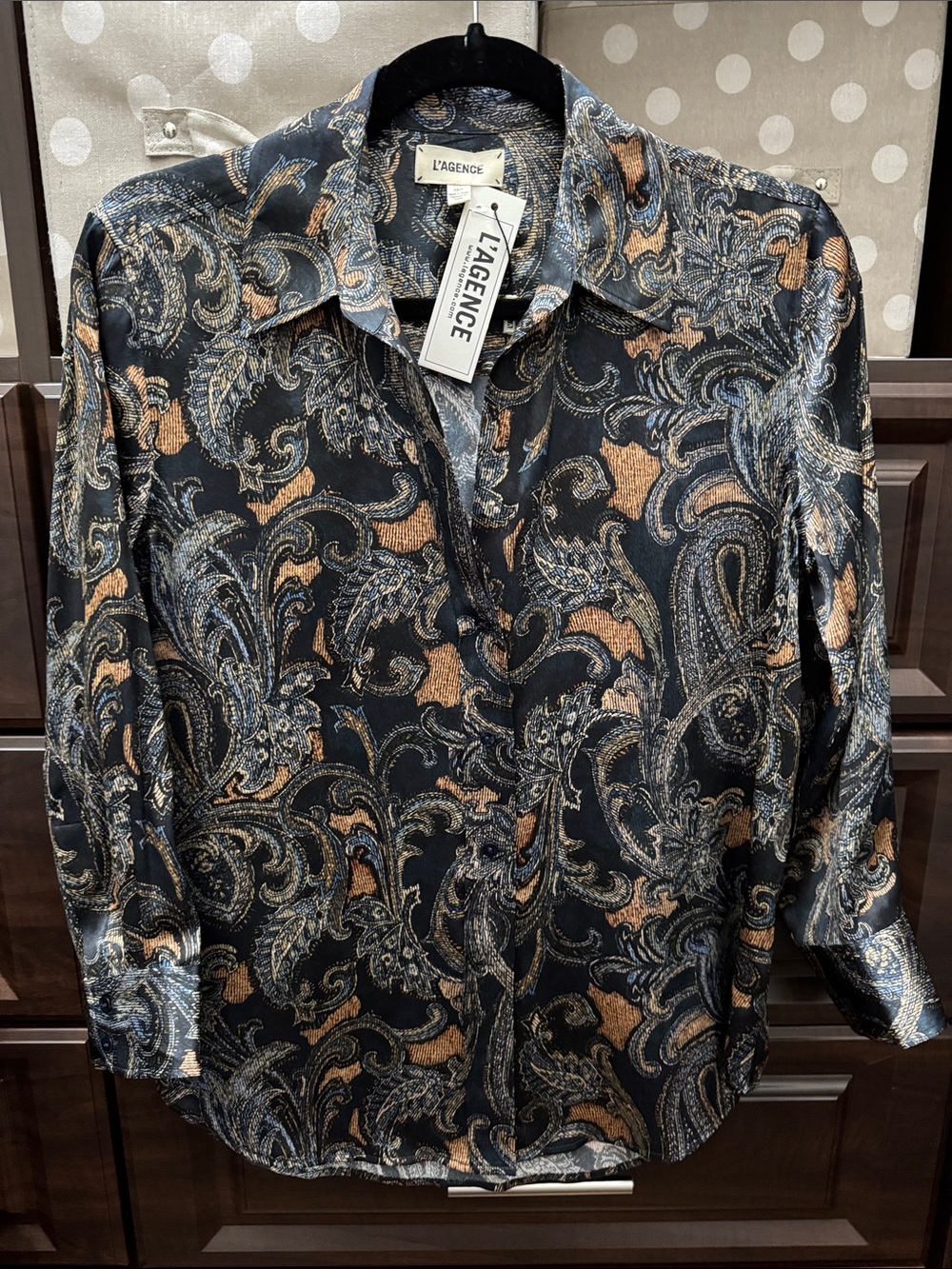 L'AGENCE Blue Paisley Button-Down Silk Blouse